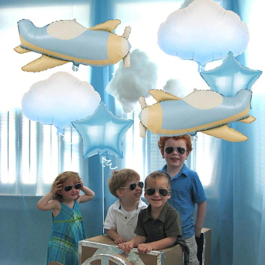 6pcs Matte Airplane Balloon Set, Airplane, White Cloud, Star Balloons, R Birthday Party, Adventure Theme Party Decorations