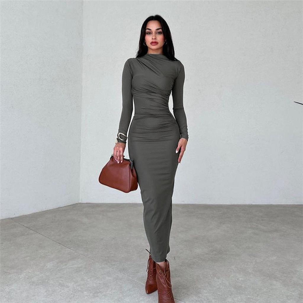 Spring and Autumn Slim Senior Sense Solid Color Temperament Long Hip Wrap Dress Female Holiday Style