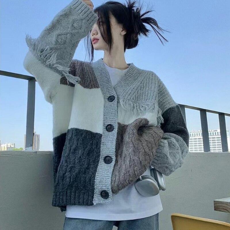 Vintage Tassel V-neck Cardigan Jacket Women Autumn And Winter Knitted Sweater Korean Lazy Style Sweet Chic Sweaters Tops 28970