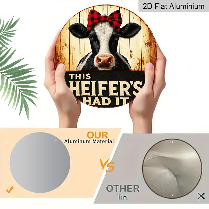 2D Flat 1pc, 8x8 in, Farmhouse Cow-Themed Round Aluminum Metal Wall Sign - Heifer's Troubles Rural Farm Art for Front Door, Porch, Living Room or