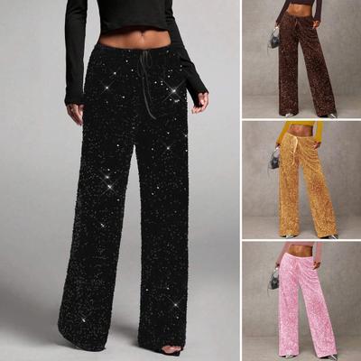 Women Pants High Waisted Wide Leg Casual Trousers with Sequin Design Elastic Drawstring Waist Party Trousers