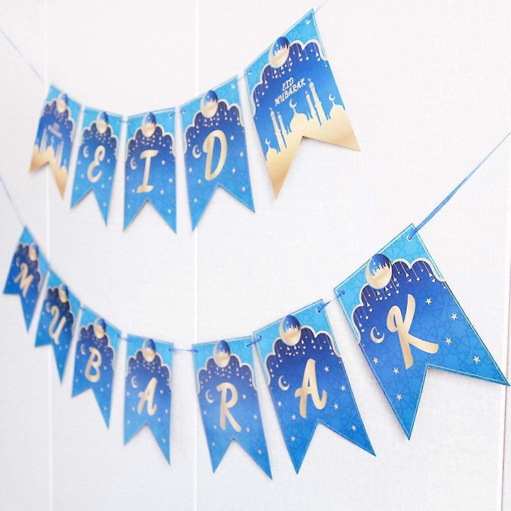 Eid Mubarak Blue For Banner 2022 Moon Star Pull Flag Background Decor For Islam Muslim Ramadan Party Wall Door Decoration Gift Supplies