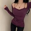 Korea New Style Pure Desire Sexy Off-The-Shoulder Two-Piece Illusionslims Women's Long Sleeve T-Shirt Versatile Smoot