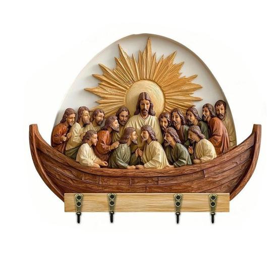 Dřevěný křesťanský držák na klíče 2D plochý Ježíš přijímání umění klíčenka stojan se 4 háčky náboženský nástěnný stojan na klíče pro vstupní halu domácí dekorace