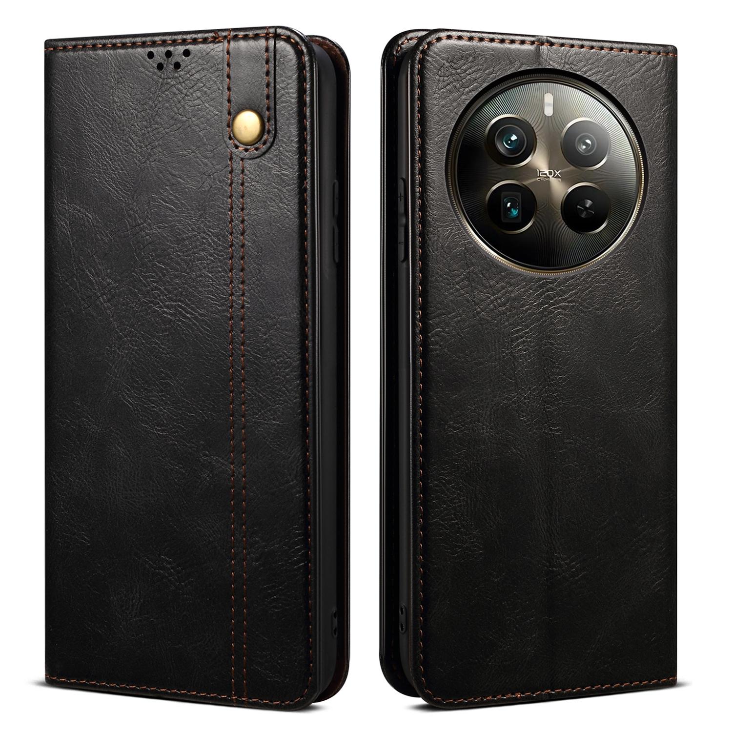 

For Realme 12 Pro 5G/12 Pro+ 5G Case Waxy Crazy Horse Texture Folio Stand Phone Cover Black