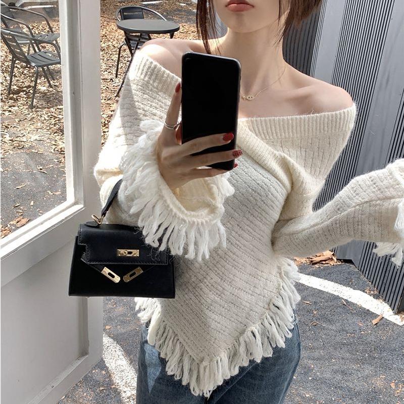 Pulovr s nepravidelnými střapci Podzimní Elegantní žena Jedinečný design Tenký svetr s dlouhým rukávem Trendy Street Jednobarevný Top