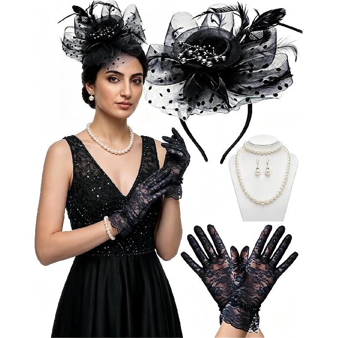 Fascinators Hat for Women Tea Party Fascinator Headband with Gloves Tea Party Accessories for Ladies