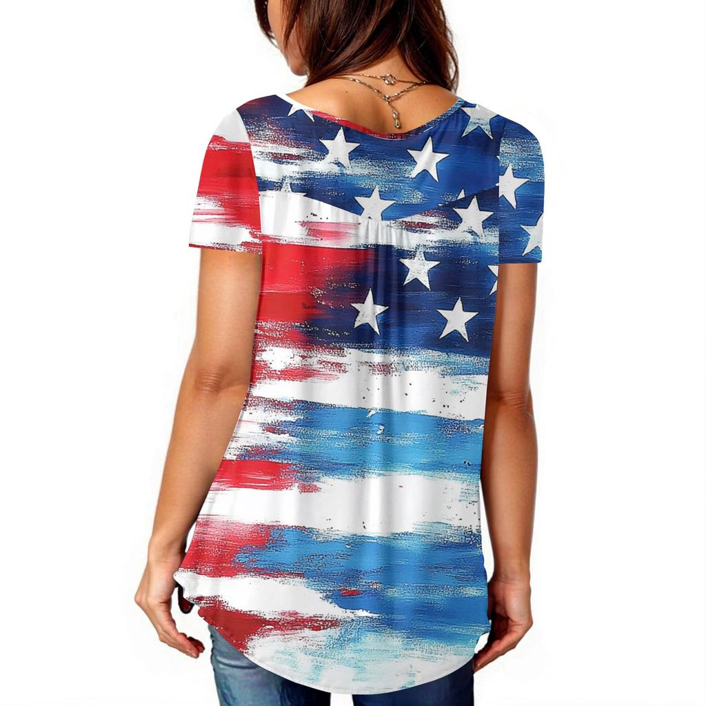 Women Tunic Tops Dressy Casual Summer Short Sleeve Shirts Loose Fit Pleated Boho Top Independence Day