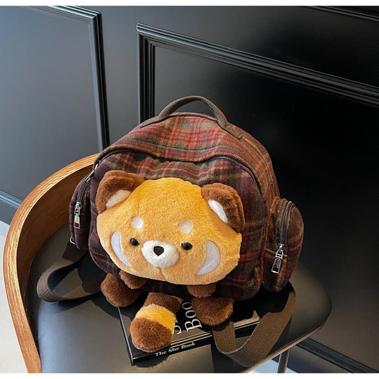 Small Raccoon Fashion Plaid Backpack With Zipper Closure For Girls Travel And Daily Use