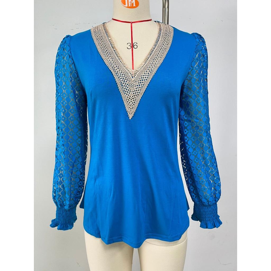 Fall Winter New Women's V-Neck Lace Splicing Loose Long Sleeve T-Shirt Top, Cross-Border Casual Tops for Women