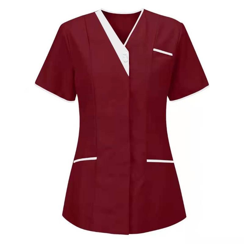 Women Solid Color Short-Sleeve V-neck Top Nurse Work Uniform Pocket Top