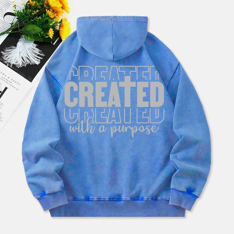 Created With A Purpose Washed Hoodies Women Letter Prints Cotton Streetwears Pocket Oversize Warm Hooded Clothes