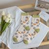 Women Socks Korean Japanese Style Cartoon Green Flower Harajuku Cute Kawaii Mid Tube Socks Breathable Casual Short  Cotton Socks