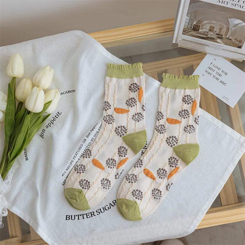 Women Socks Korean Japanese Style Cartoon Green Flower Harajuku Cute Kawaii Mid Tube Socks Breathable Casual Short  Cotton Socks