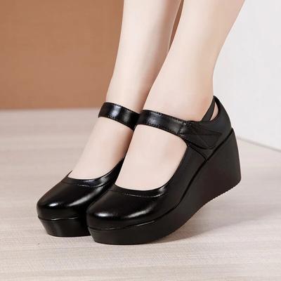 Runde Zehen-Keilabsatz-Pumps für Damen, Mary-Jane-Schuhe, dicker Boden, Lederschuhe, Plateau-Pumps, Modemarke, große Größe