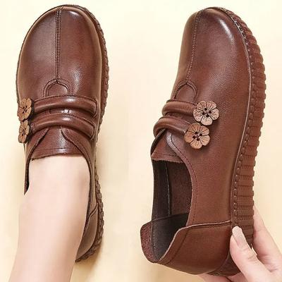 Chaussures de maman en cuir souple Chaussures simples pour femmes Antidérapantes Chaussures en cuir à semelles élastiques Chaussures plates pour femmes d'âge moyen et âgées