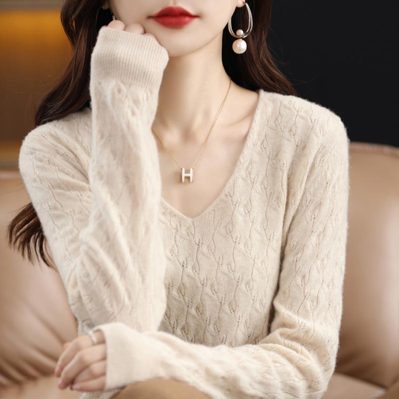 Women's V-Neck Loose Pure Wool Sweater - Autumn/Winter Knitted Base Layer Top