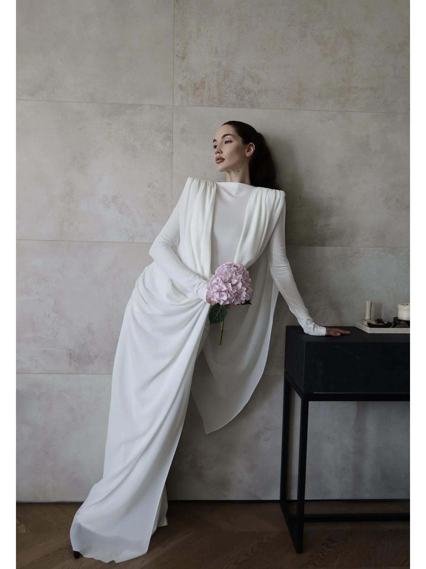 Women s Elegant Irregular Shawl Slim-Fit Dress Small белый