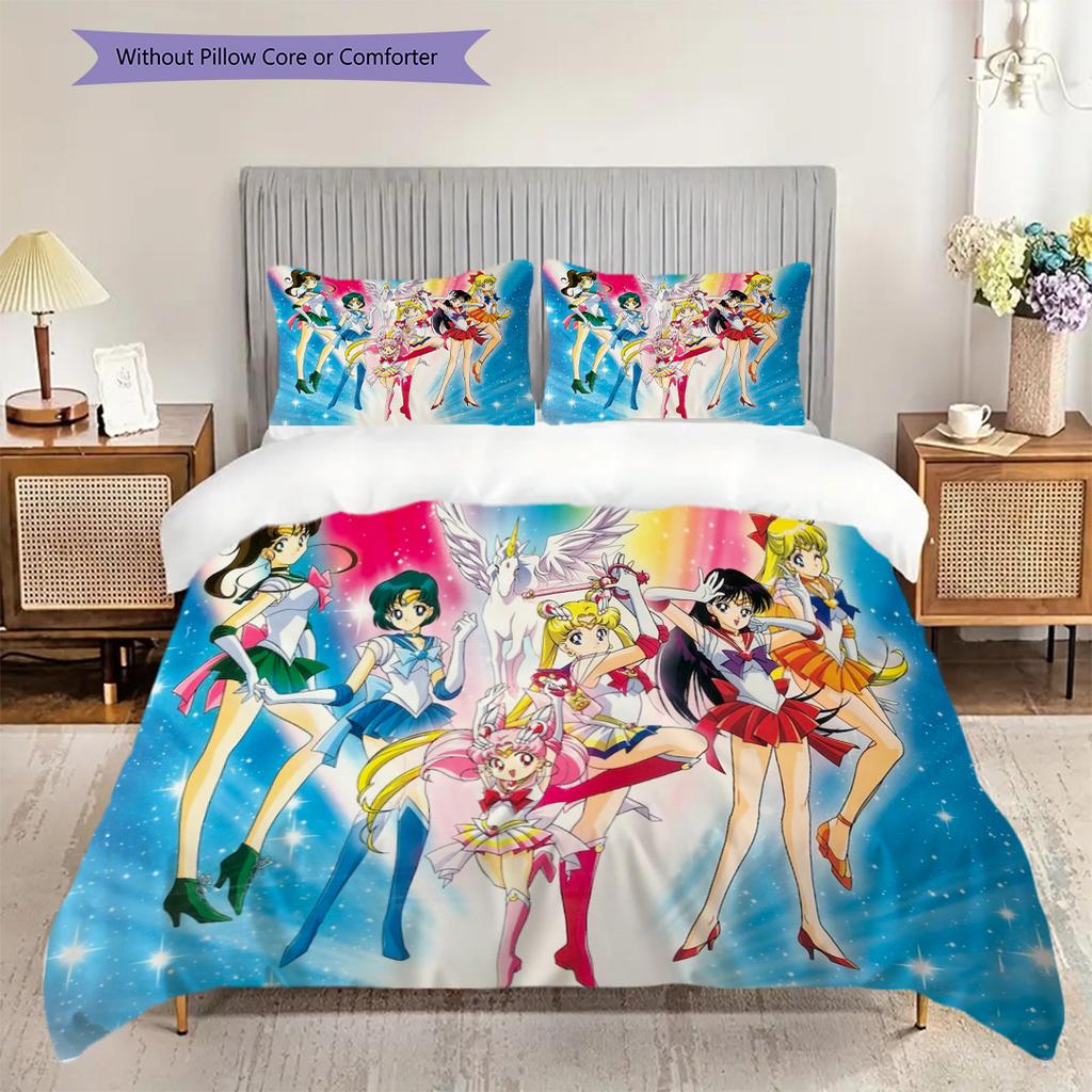 Süßes Cartoon-Thema Sailor Moon Tsukino Usagi Cartoon bequemer Heim-Bettbezug und Kissenbezug (1 * Bettbezug + 2 * Kissenbezug, ohne Füllung)A2