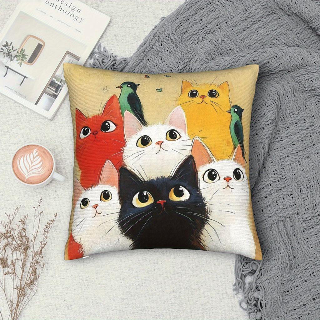 1pc Cute Cat Pillow Cover - Soft Polyester Short Pile Fabric, Whimsical Cartoon Cats & Birds Design, 44.96x44.96 cm, Machine Washable with Zipper Clos