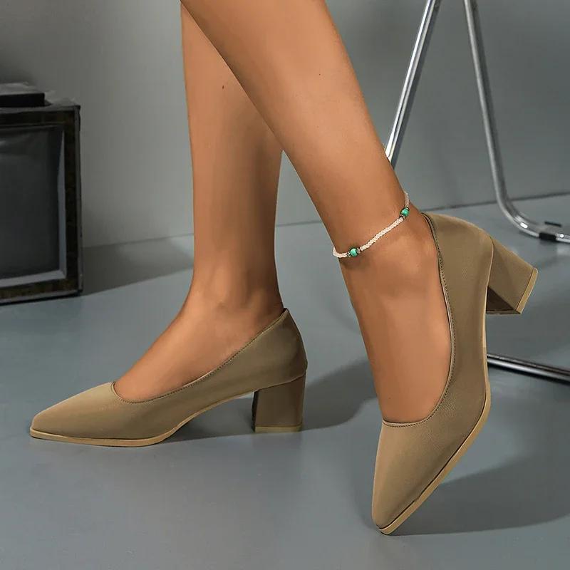 Solid Color Plus Size 36-43 Thick Square Heels Pumps for Women High Heel Pointed Toe Basic Pumps 2025 Autumn Slip On Party Shoes