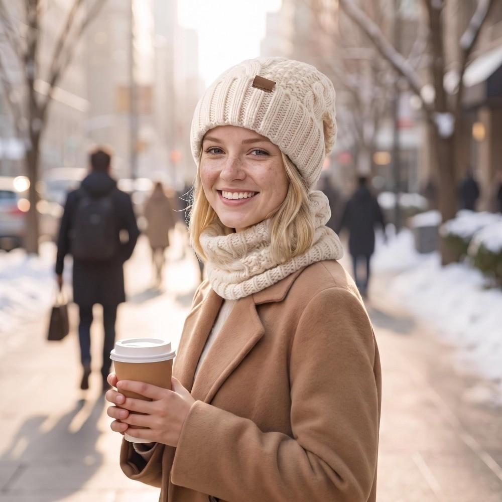 Cable Knit Knit Hat Scarf Set 2-Piece Set Thick Warm Beanie Hat Winter Cap Neck Warmer  Outdoor Use
