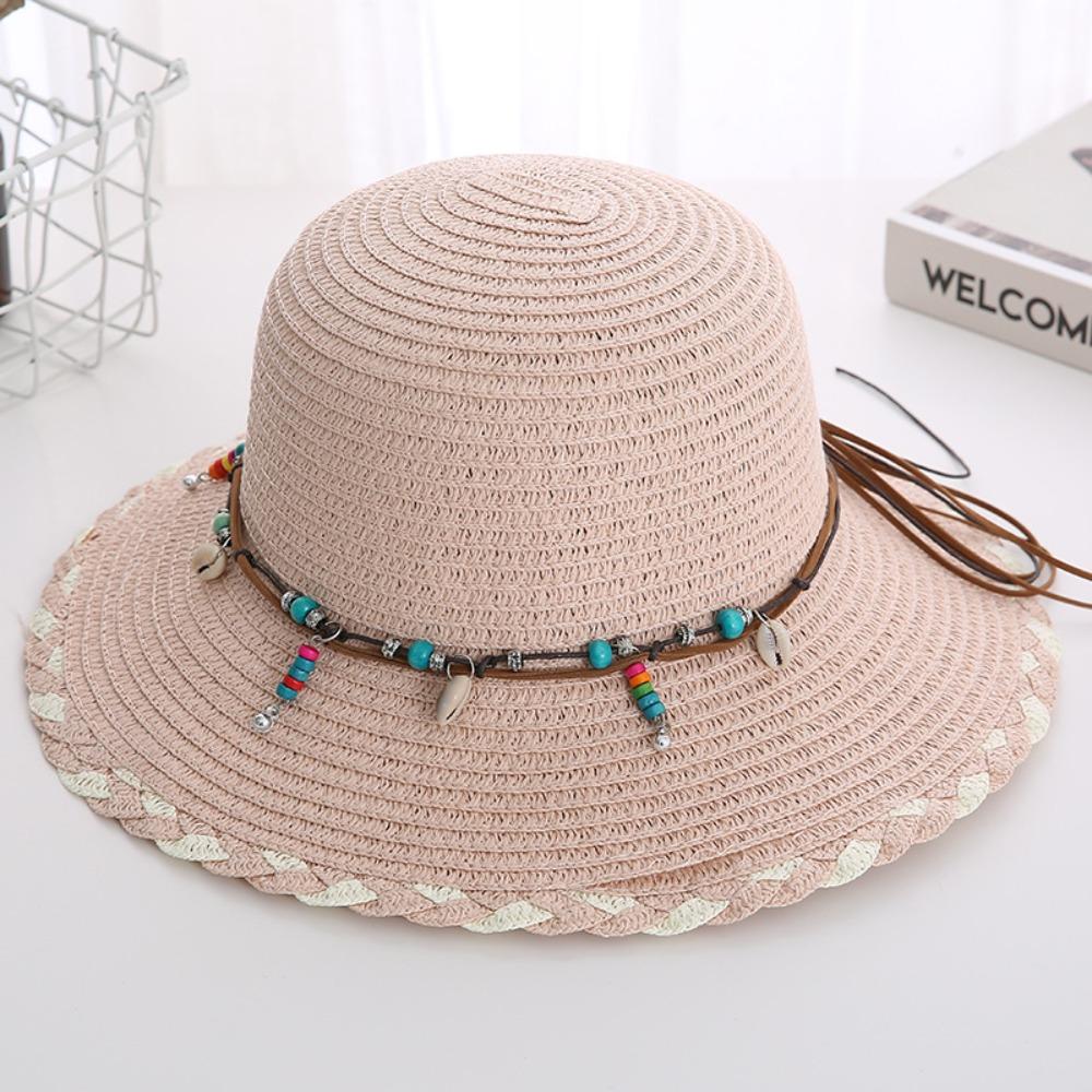 Wide Brim Folding Straw Hats Spring Summer Women's Sun Hat Bohemian Beaded Strap Straw Hat  Outdoor