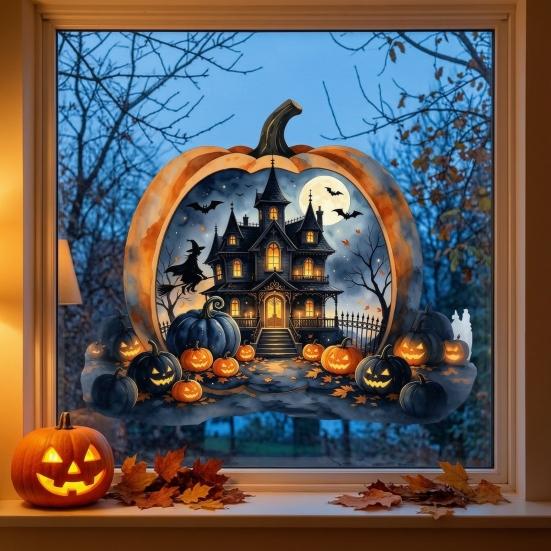 Decorative Holiday Gift for Friends Halloween Pumpkin Haunted House Static Window Stickers, Waterproof PVC Castle Outdoor Balcony Stickers