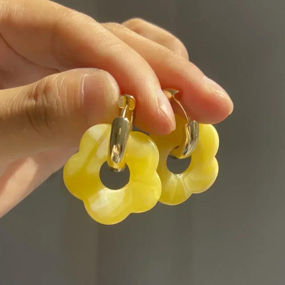 Candy Color Fashion Girl's Transparent Acrylic Resin Marbling Flower Earrings Gold Color Hoop Earings Jewelry Accessories Gifts