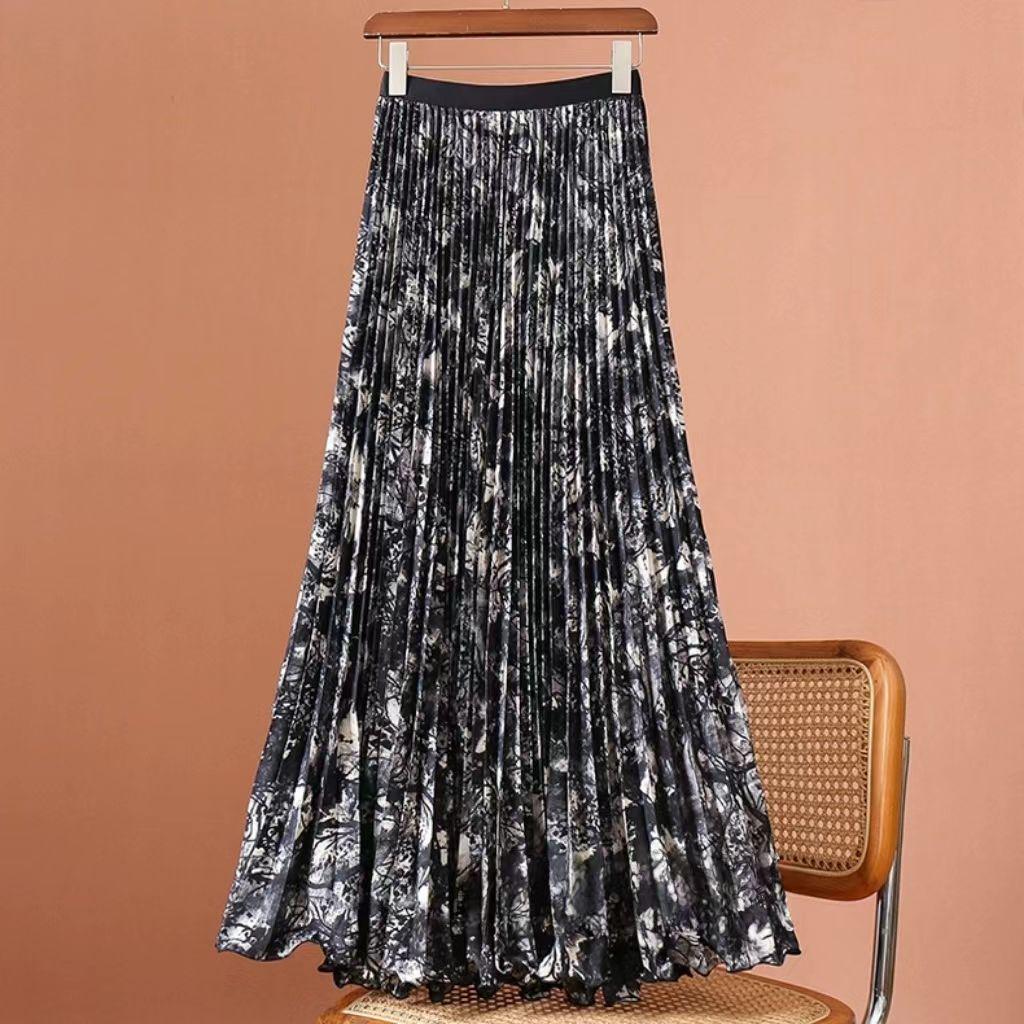 Korean Style Textured Pleated Midi Skirt - High Waist, A-Line, Versatile for Commute