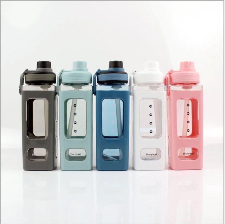 Custom square Water Bottle 700ml Fitness Sports Water Bottle With Straw Plastic Water Bottle with Handle for Sport 701-800ml синий