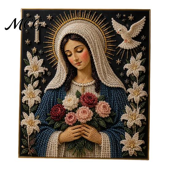 Christian Home Altar Decor Faith Pearl Painting Kit, Virgin Mary DIY Faux Art Religious Spiritual Wall Craft Set, Handmade for Prayer Corners Festival A