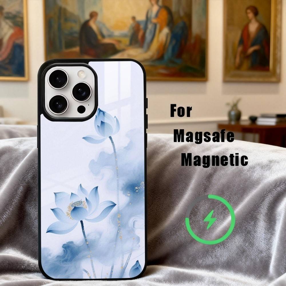 E-Emerald W-White Lotus Phone Case For iPhone17,16,15,14,13,12,11 Plus,Pro Max Magnetic For Magsafe Wireless Charging