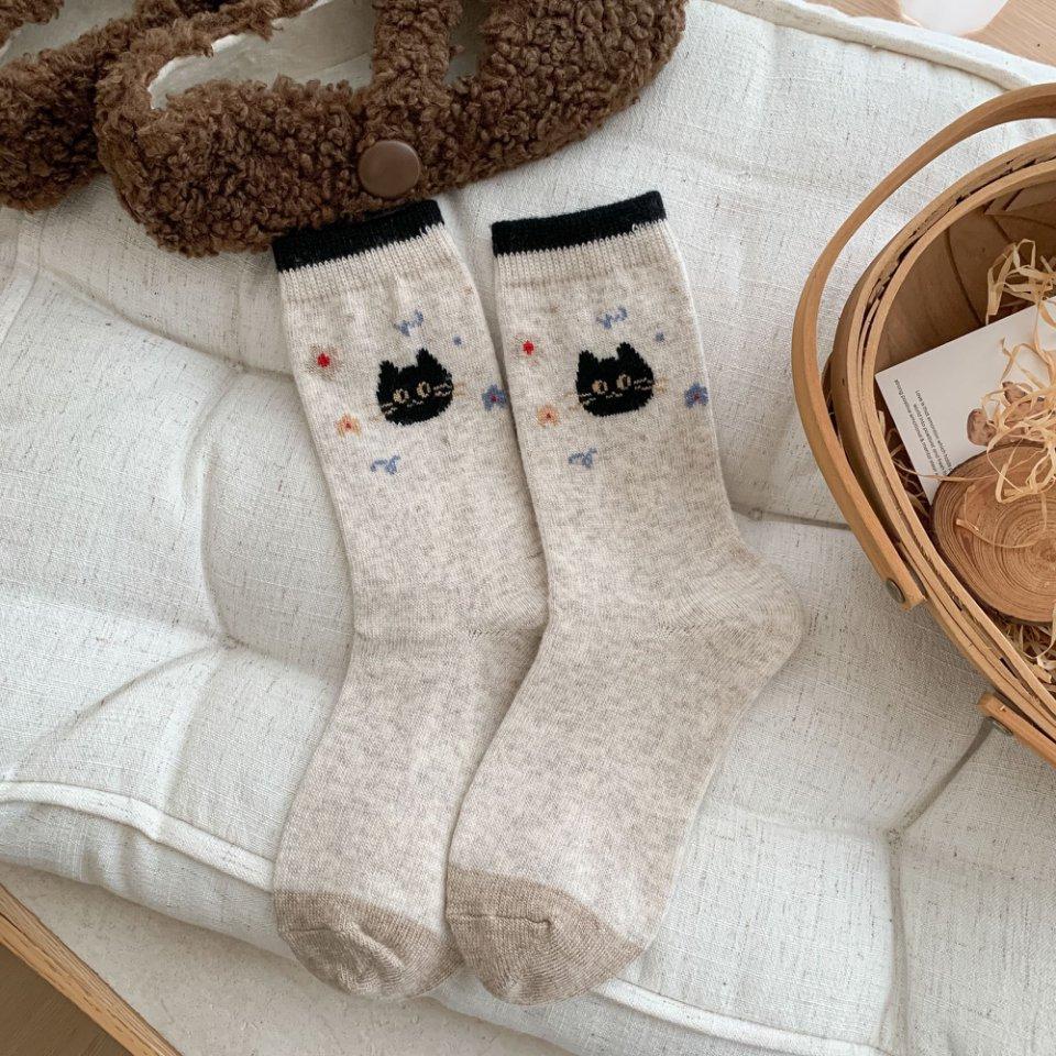 Warm Wool Socks Children'S Medium Tube Socks Seasonal Thickened And Velvet Cute Cat Cartoon Winter Stockings