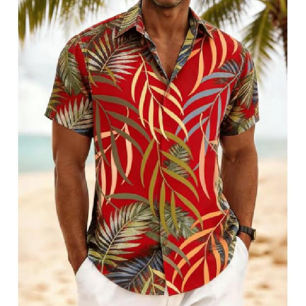 Men's short-sleeved shirt, spring and summer Hawaiian vacation-style loose-fitting casual shirt