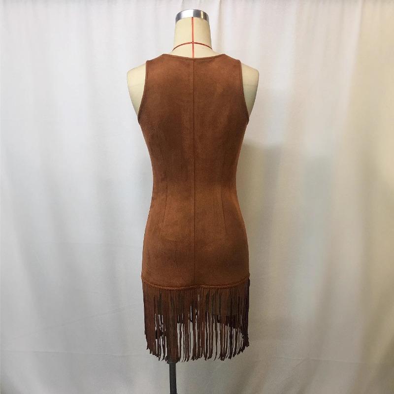 Deep V-strap Sexy Tassel Dress Fashion Summer Sleeveless Party Slim Fit Short Dress Streetwear Elegant Buttons Solid Color Casual Clothing