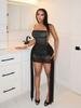 Women's Sleeveless Knit Mesh Bandeau Ribbon Bodycon Evening Dress