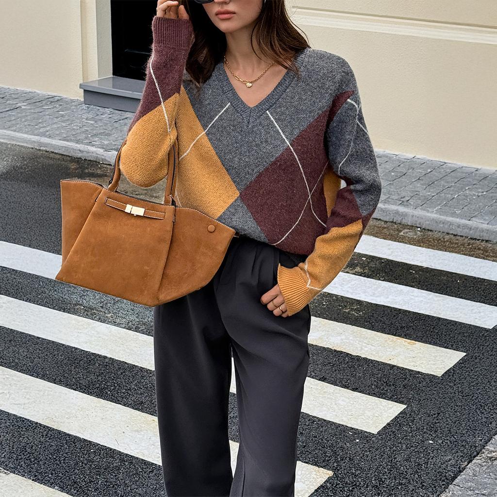 Casual Simple Color Block Woolen Long Sleeve Sweater Women's 2025 Autumn and Winter