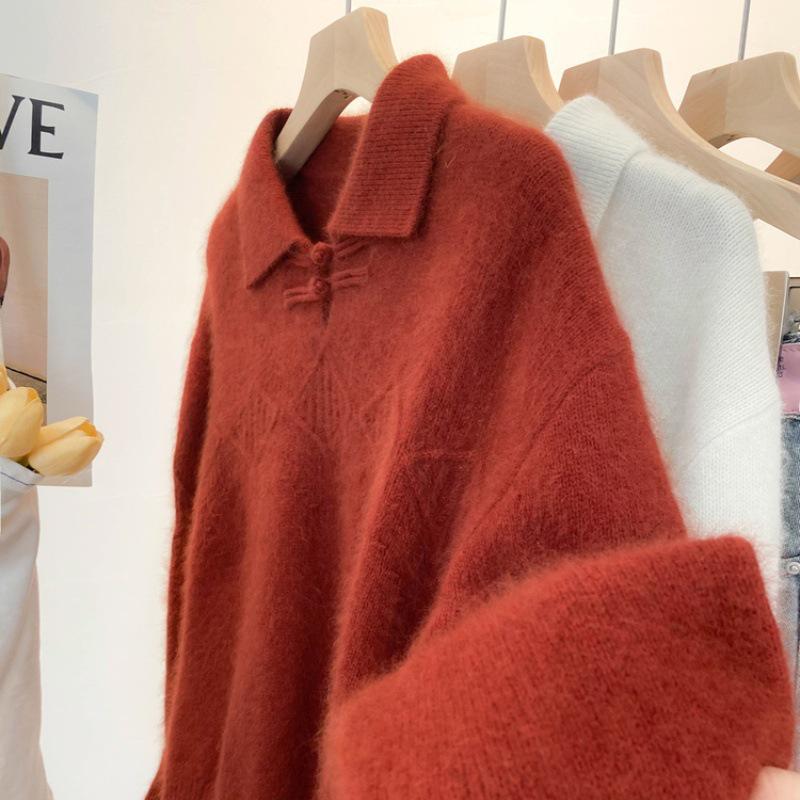 

Женский свитер из чистой шерсти с воротником поло: Осень/Зима Новый китайский стиль, Мягкий утолщенный трикотаж M оранжевый
