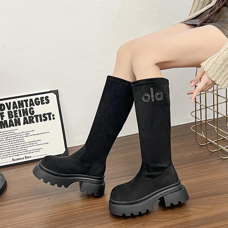 2025 Suede Sleeve Thick Bottom Thick Heel Elastic Legs Thin Brown Tall Martin Boots Women's Spring and Autumn Boots Retro Style