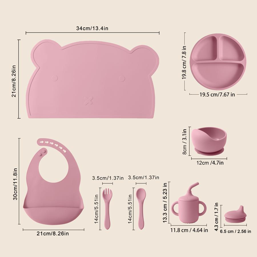 Color Kids 7Pcs Silicone Feeding Set Baby Sucker Bowl Dining Plate Spoon Waterproof Bib Sippy Cup Training Weaning Tableware