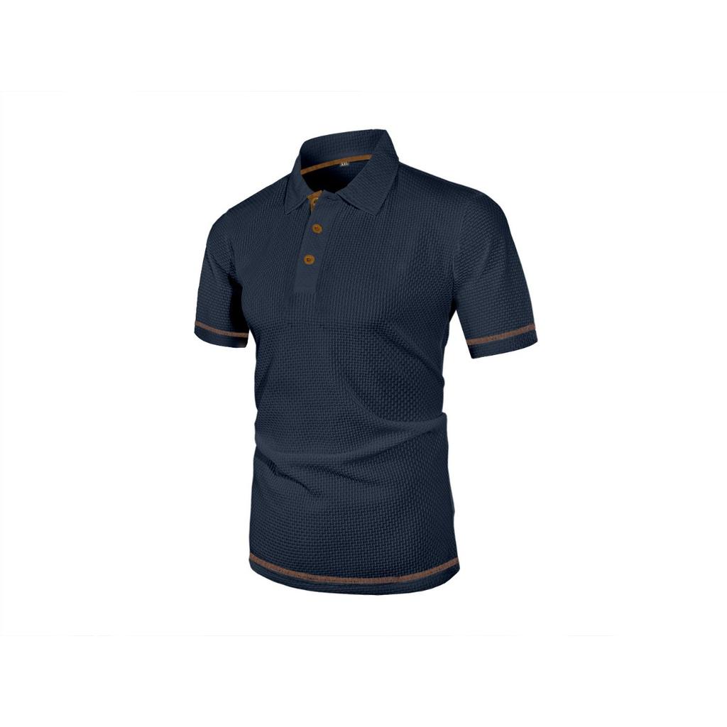 Men's Summer Ice Silk Fiber Short Sleeve T-shirt - Breathable Striped Casual Top with Classic Collar and Button Details