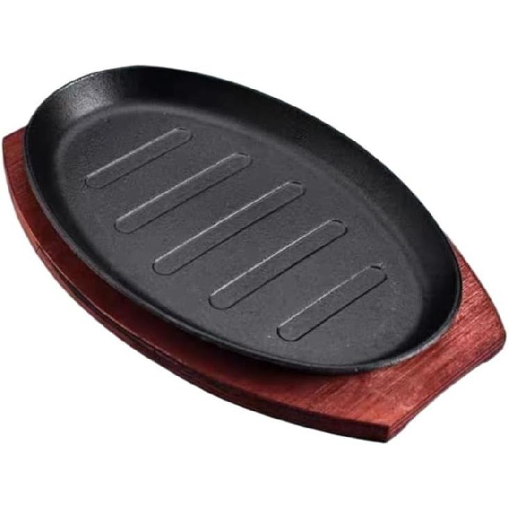 Oval Cast Iron Pan, Flat Frying Pan with Wooden Floor Pan, Grill Pan, Serving Tray, Multifunctional Oven Tray for Grilling Meat, Pancakes and Ribs