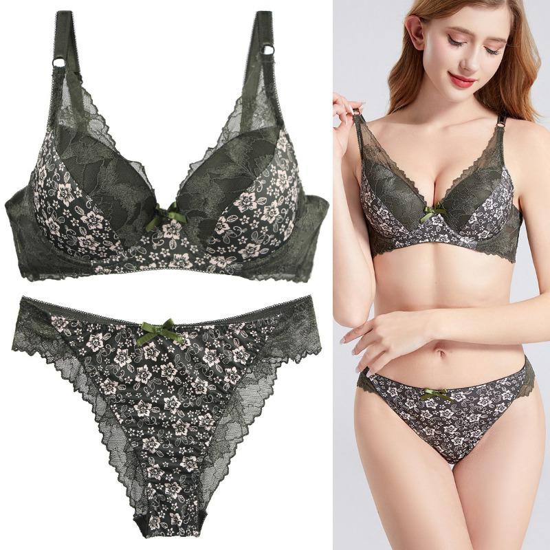 Western-style Anti-sag Plus-size Bra and Panty Set Sexy Underwired Lace Push-up Bra with Skin-friendly Comfortable Panties