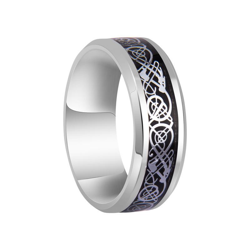Fashion 8mm Red  Beveled Edge Stainless Steel Celtic Dragon Rings for Men  Carbon Fibre Ring Men Wedding Band