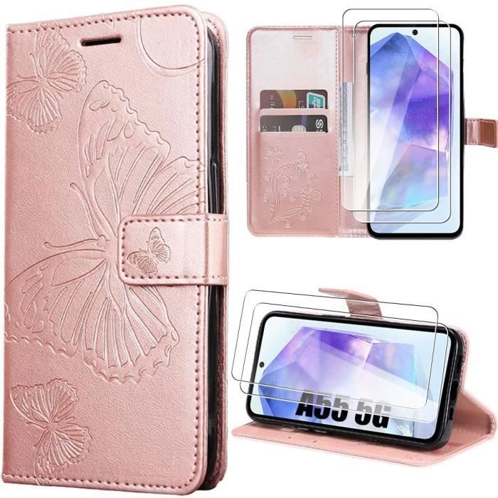Coque de protection - Booling - pour Samsung Galaxy A05s - Motif Papillon - Simili Cuir - Rose - 2 Verres Trempés