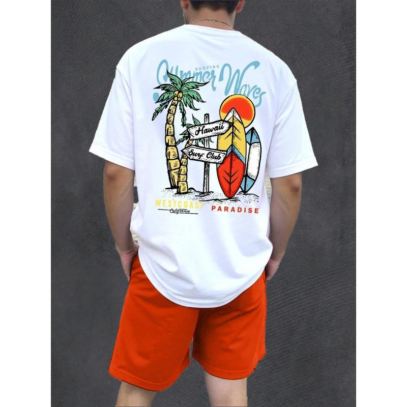 

2025 Summer Men s Beach Palm Tree 3D Printed Short Sleeved T-Shirt And Solid Color Shorts Two-Piece Quick Drying Neutral T-Shirt 5XL