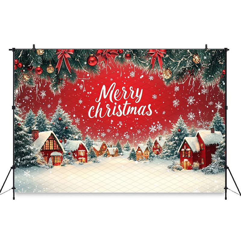 Mocsicka Merry Christmas Background Photography House Small Bell Snowflake Xmas Tree Decorations Party Backdrop Photocall Banner