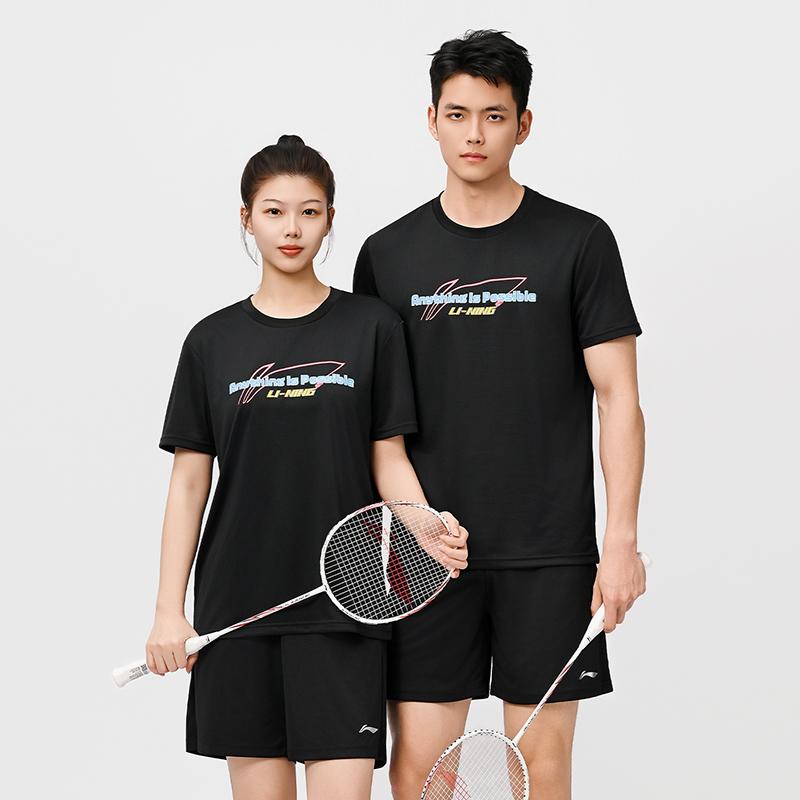 Li Ning Badminton Series Fashion Versatile Breathable Quick-Dry Cool Round Neck Sports Casual T-Shirt Unisex Tops Black AHSW111-1
