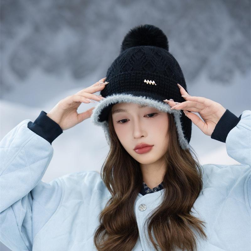 New Fleece Thickened Knitted Cap Women's Autumn and Winter Ear Bag Warm Wool Baseball Cap
